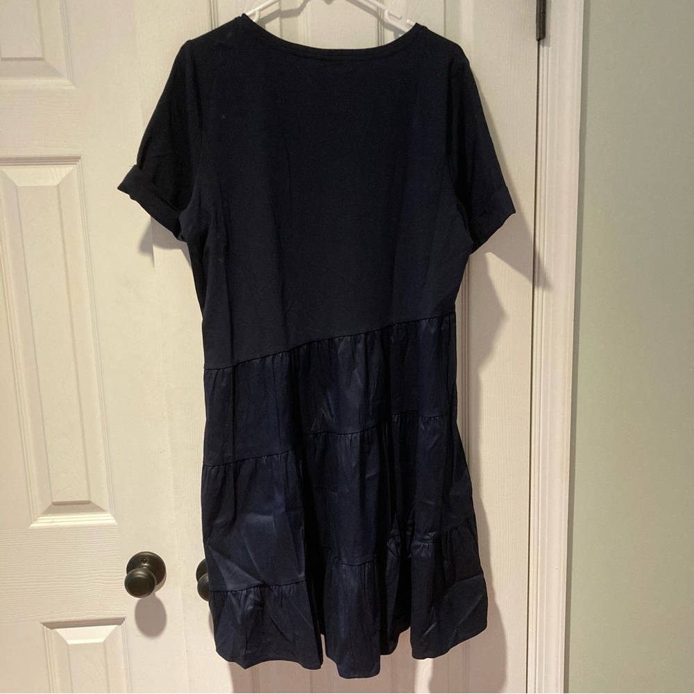 NWT Chico’s Women Navy Blue Short Sleeve Asymmetrical Midi Knee Dress size L - Picture 3 of 3
